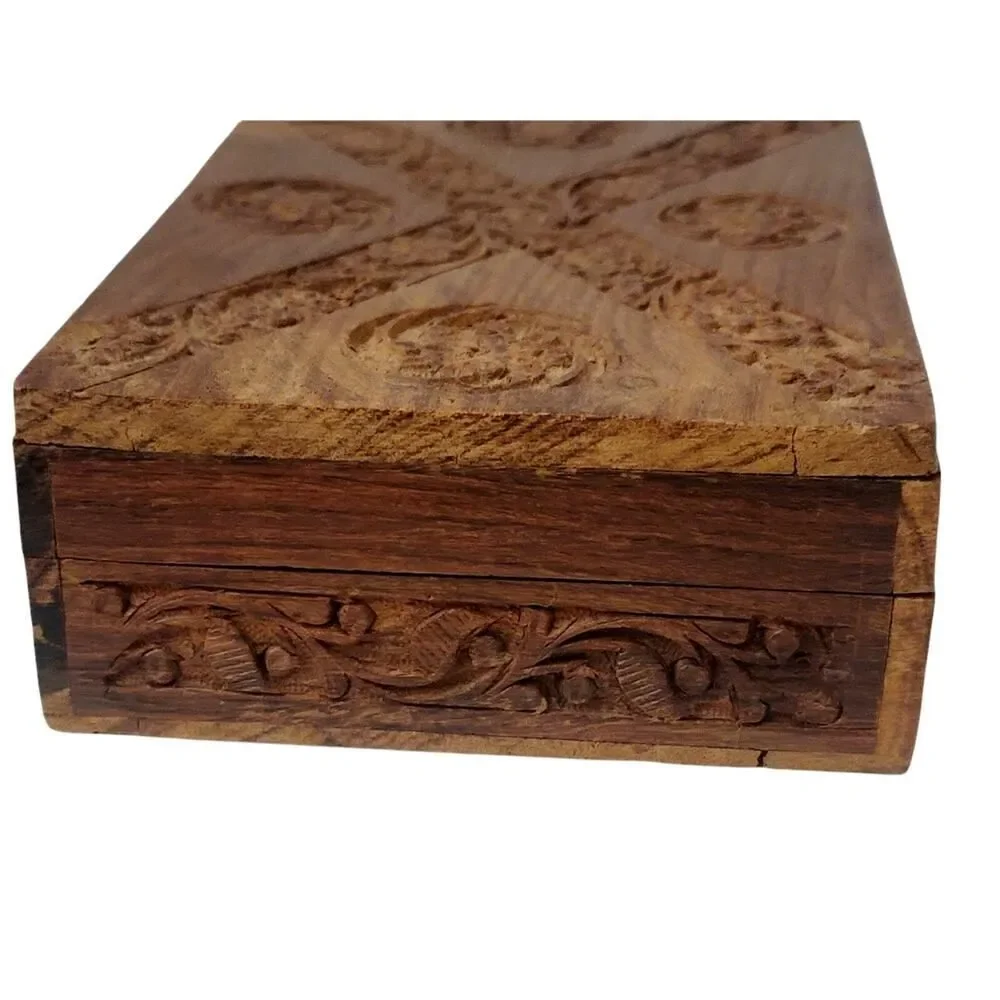 Hand Carved Wooden Box Flowers Trinket Jewelry‎ Blue Velvet Fabric Lined 8